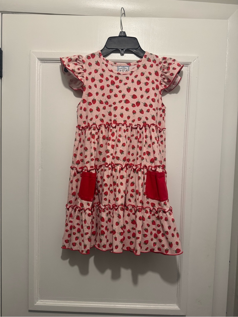 Three Sisters Girls Pink Strawberry Print Tiered Dress with Red Pockets
